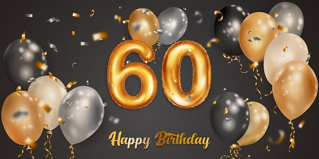 Festive birthday illustration with white black and gold helium balloons big number 60 golden foil balloon flying shiny pieces of serpentine and inscription Happy Birthday on dark background