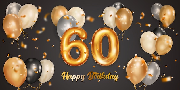 Festive birthday illustration with white black and gold helium balloons big number 60 golden foil balloon flying shiny pieces of serpentine and inscription happy birthday on dark background