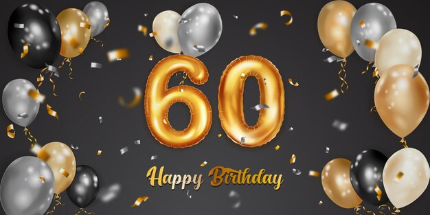 Vector festive birthday illustration with white black and gold helium balloons big number 60 golden foil balloon flying shiny pieces of serpentine and inscription happy birthday on dark background