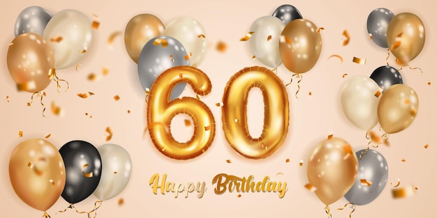 Vector festive birthday illustration with white black and gold helium balloons big number 60 golden foil balloon flying shiny pieces of serpentine and inscription happy birthday on light background