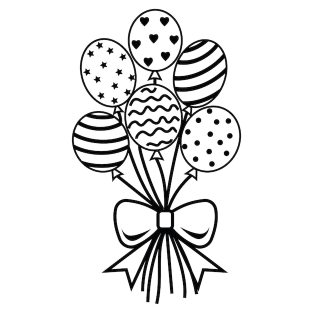 Vettore bouquet festivo di palloncini in stile doodle a contorno nero