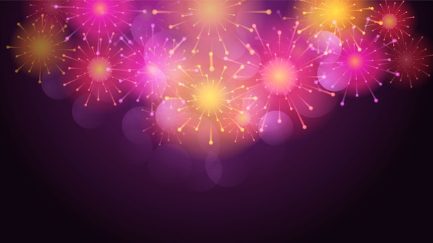 Festive brightly colorful fireworks bursting on blue transparent twilight. background