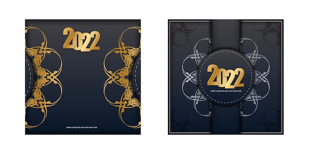 Праздничная брошюра 2022 Happy New Year в черном цвете с абстрактным золотым орнаментом
