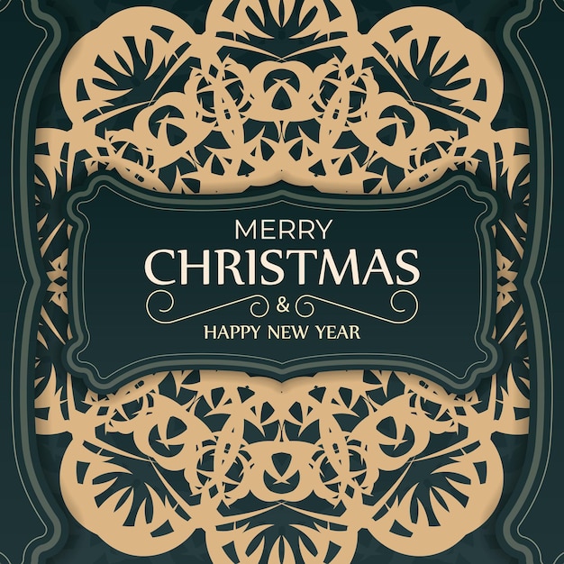 Vector festive brochure happy new year in dark green color with vintage yellow ornament