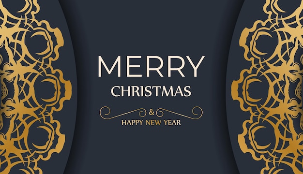 Festive Brochure Merry Christmas and Happy New Year in dark blue color with winter gold pattern