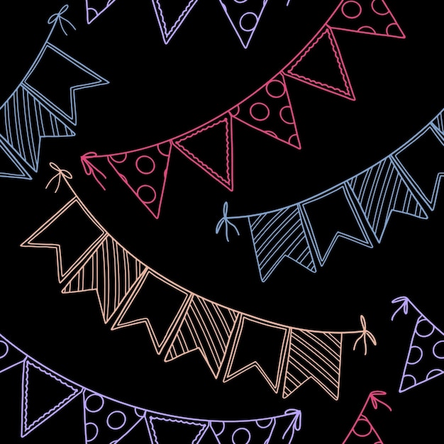 Festive bunting flags ornament Flag garland outline vector seamless pattern Modern design for celebration party holidays festival