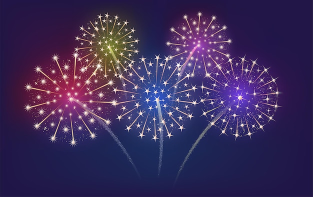 Festive bursting fireworks in various colors Bright traditional lights with stars and sparks