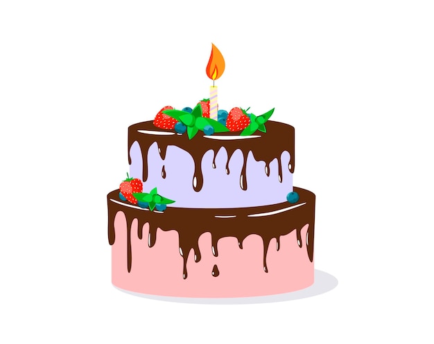 Vector a festive cake with fruit and a candle in cartoon style