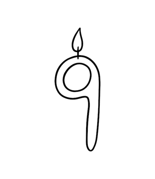 Праздничная свеча, горящая восковая фигура девять, каракули, линейная мультяшная раскраска