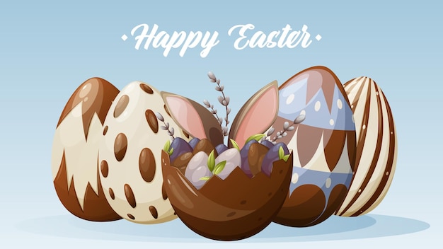 Festive card for Happy Easter. Colorful eggs decorated with chocolate, bunny ears, willow twigs.