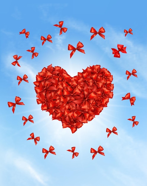 Вектор Праздничная открытка с красивыми красными бантами, сложенными в форме сердца красные банты, собранные в форме сердца концепция продажи подарков вектор