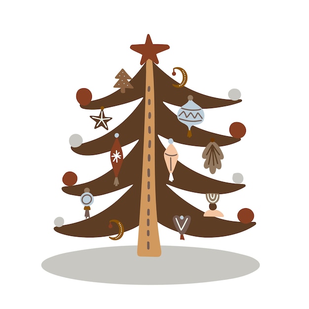 Biglietto festivo con un elegante albero di natale in stile boho su sfondo bianco illustrazione vettoriale