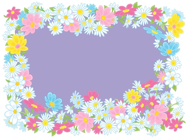 Festive cartoony frame border decorated with colorful spring and summer garden flowers