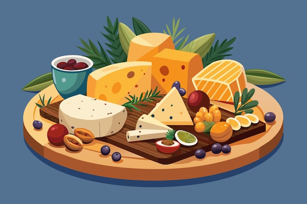 A festive cheese platter arranged with a variety of soft and hard cheeses crackers nuts and dried fruits