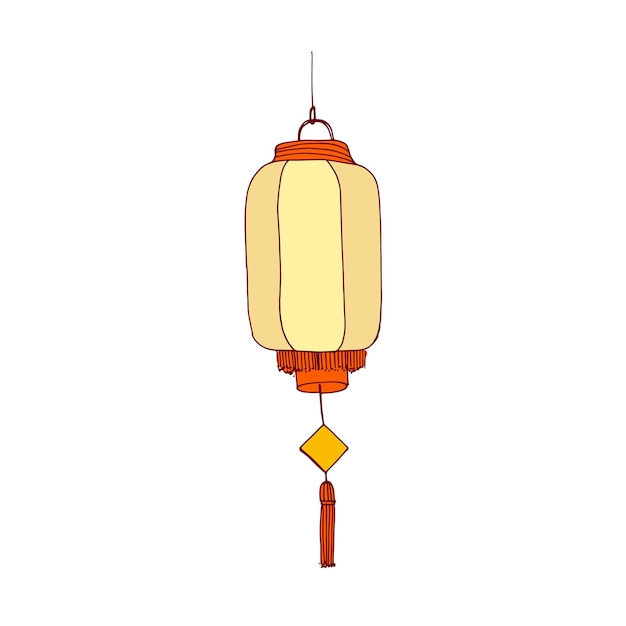 Vector festive chinese paper lantern. street lamp with glowing candle light in china. asian holiday decor with fringe and loop, hanging on string. drawn vector illustration isolated on white background.