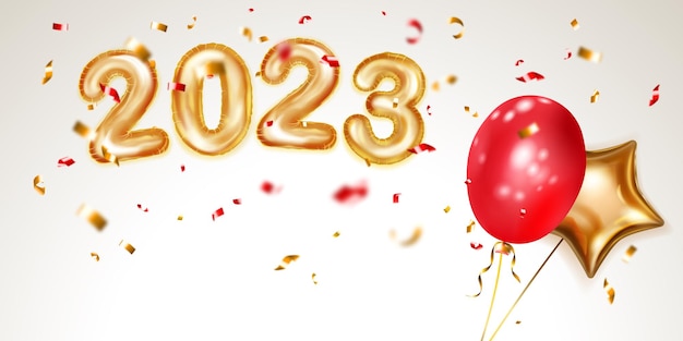 Праздничный рождественский фон с красными и желтыми воздушными шарами номер 2023 из воздушных шаров из золотой фольги и блестящих кусочков серпантина Векторная иллюстрация для плакатов, листовок или открыток