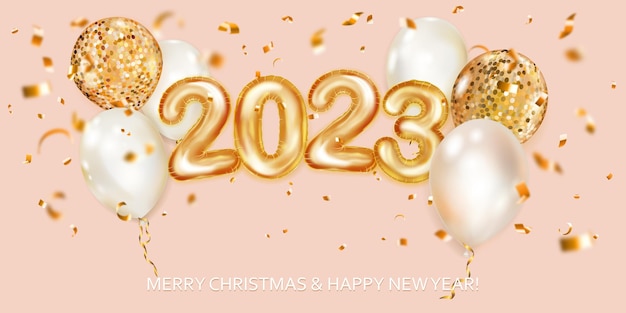 Festive Christmas background with white and yellow balloons numbers 2023 of golden foil balloons and shiny pieces of serpentine Vector illustration for posters flyers or cards