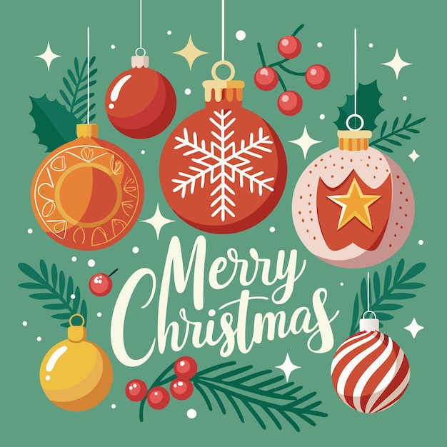 Vector festive christmas baubles with merry christmas greeting