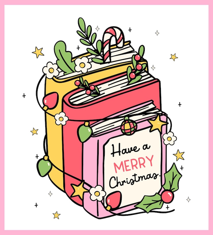 Vector festive christmas books stacked doodle drawn retro groovy bookish for greeting cards