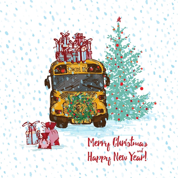 Vector festive christmas card yellow school bus with fir tree decorated red balls and gifts on roof white snowy seamless background and text merry christmas