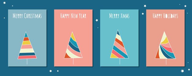 Festive christmas cards set cute cards with modern geometric christmas trees and lettering