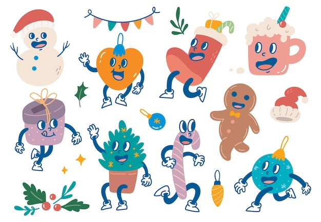 Vector festive christmas cartoon characters fun holiday illustration set