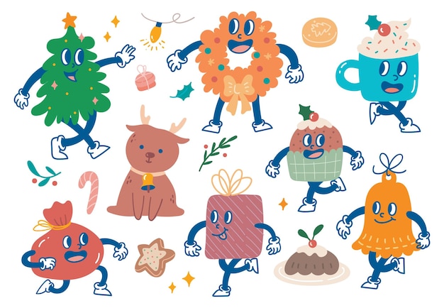 Vector festive christmas cartoon characters fun holiday illustration set
