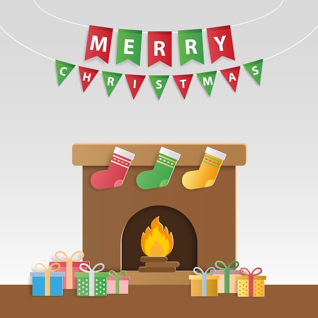 Vector festive christmas gifts and decorated fireplace for season's greetings and new year invitations.