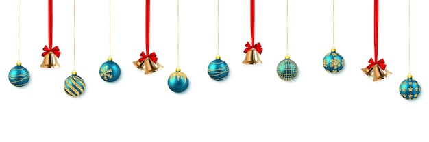 Праздничный рождественский золотой колокол с красным бантом и синим шаром xmas.