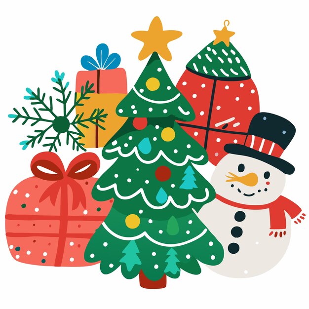 Vector festive christmas illustration with a tree snowman presents and snowflake