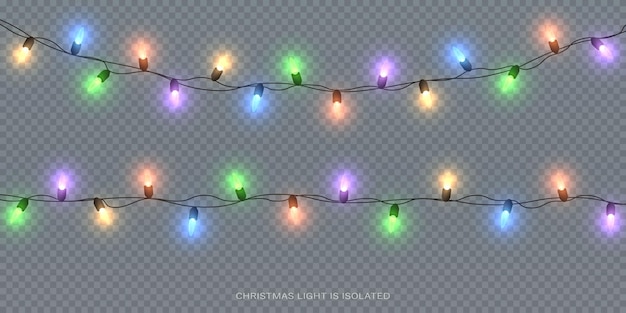 Festive Christmas light multicolored garlands PNG. Decor element for postcards, invitations.