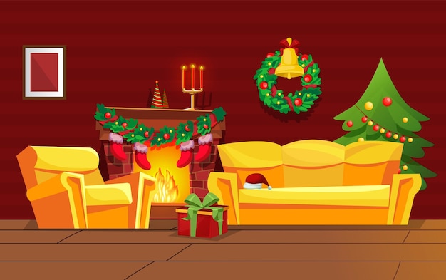 Festive Christmas living room interior on eve of new year Christmas tree and wreath gifts over burning fireplace holiday decorations armchair sofa Vector illustration greeting card template