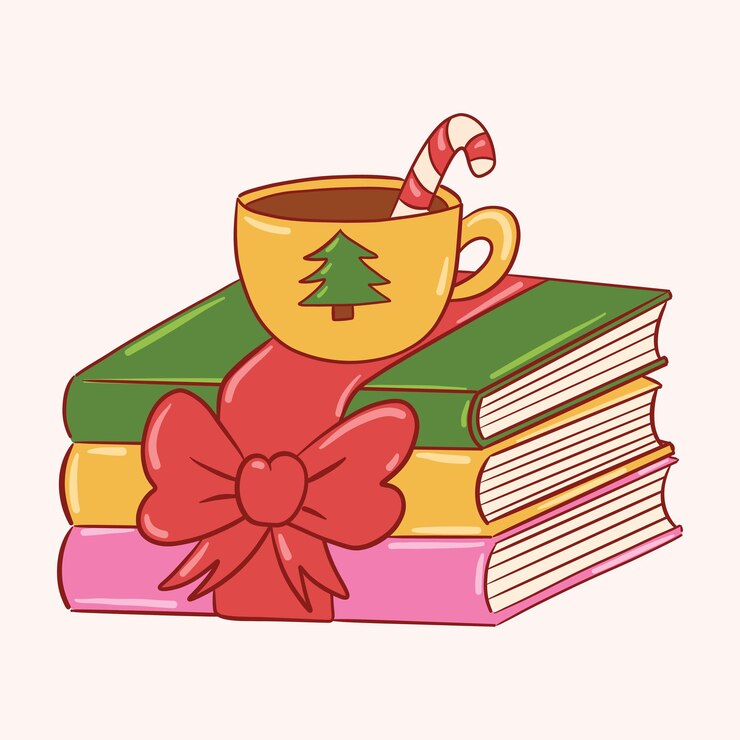 Vector festive christmas mug and books with candy cane and bow
