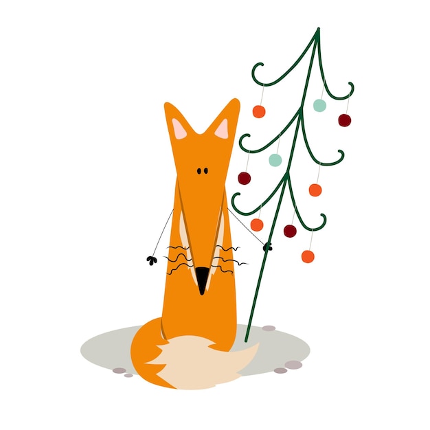 Festive Christmas New year adorable fox with Christmas tree Cute Cartoon clip art Vector