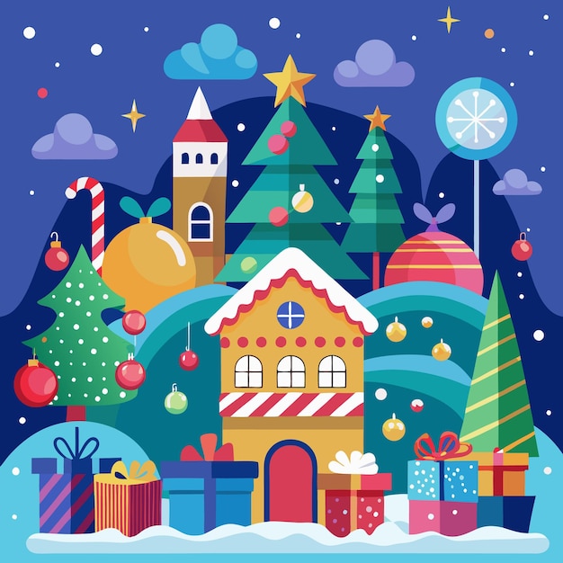 クリスマスの祭りのシーンで,ジンジャーブレードの家が飾られ,クリスマスツリー,プレゼント,キャンディー棒が飾られています.