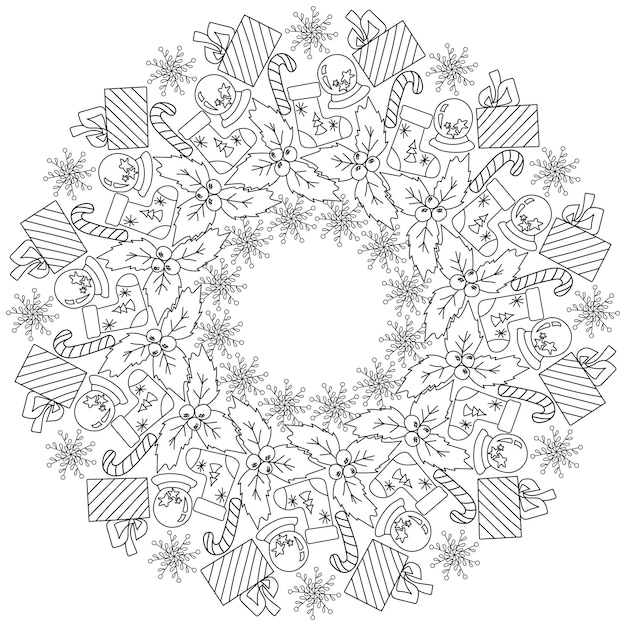 Праздничная рождественская дзен-мандала с зимними атрибутами, подарок с бантом, остролист и круг зимнего шара