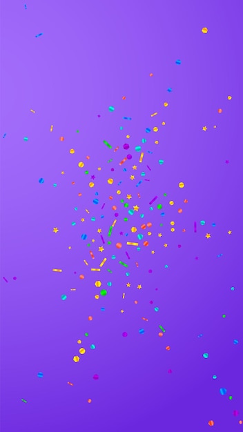 Праздничное миловидное конфетти. Праздник звезд. Праздничное конфетти на фиолетовом фоне. Свежий праздничный шаблон наложения. Вертикальный векторный фон.