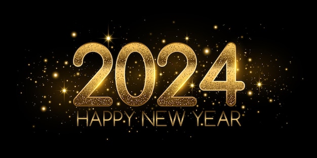 Vector festive cover voor nieuwjaar 2024 luxe gouden glitternummer met vliegende magische lichten greeting card design vector illustratie eps 10