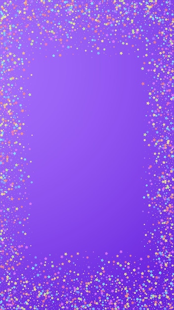 お祝いの創造的な紙吹雪。お祝いの星。紫の背景に小さなカラフルな星。優雅なお祝いオーバーレイテンプレート。垂直ベクトルの背景。