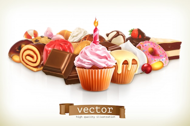 Festive cupcake with candle, confectionery illustration