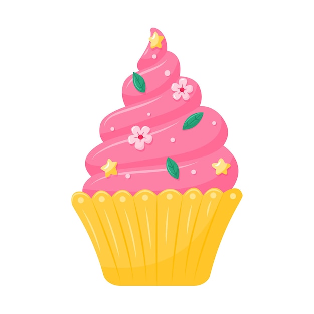 Festive cupcake with cream colors and sprinkled with stars Dessert sweet food pastries a symbol of the holiday Vector illustration in a flat cartoon style isolated on a white background