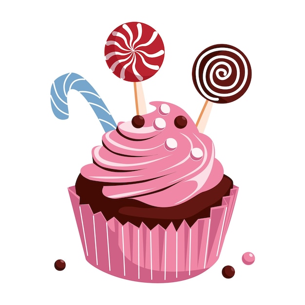 Vector festive cupcake with pink cream and sweets hand drawn illustration isolated on white background