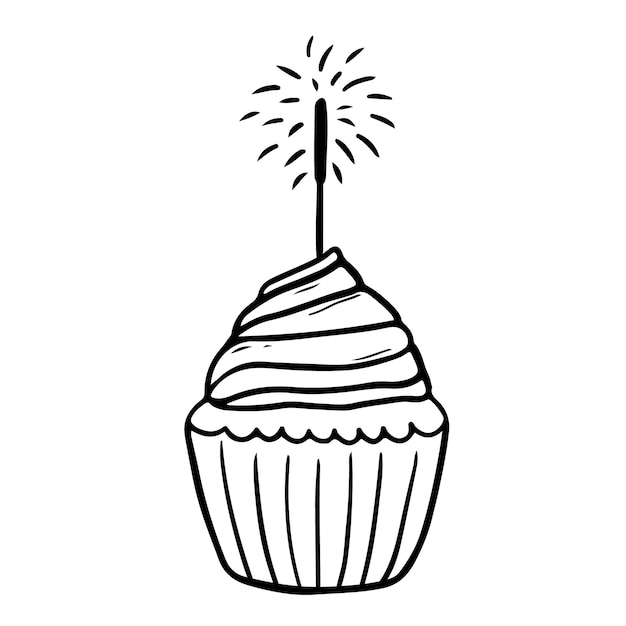 Festive cupcake with sparkler isolated on white background hand drawn illustration in doodle style