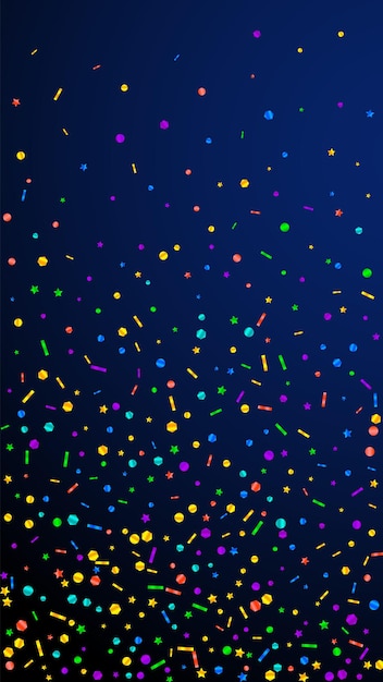 Festive curious confetti. Celebration stars. Festive confetti on dark blue background. Great festive overlay template. Vertical vector background.