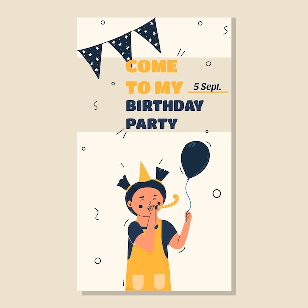 Festive design for children's birthday party with a child template for flyer postcard invitation
