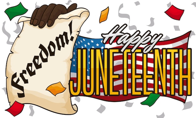 Juneteenth를 기념하기 위해 미국 국기와 두루마리가 있는 축제 디자인