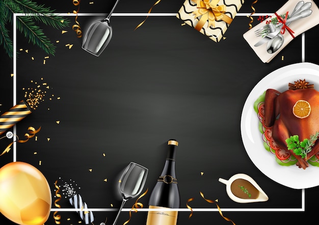 Vector festive dinner with roast turkey on chalkboard background