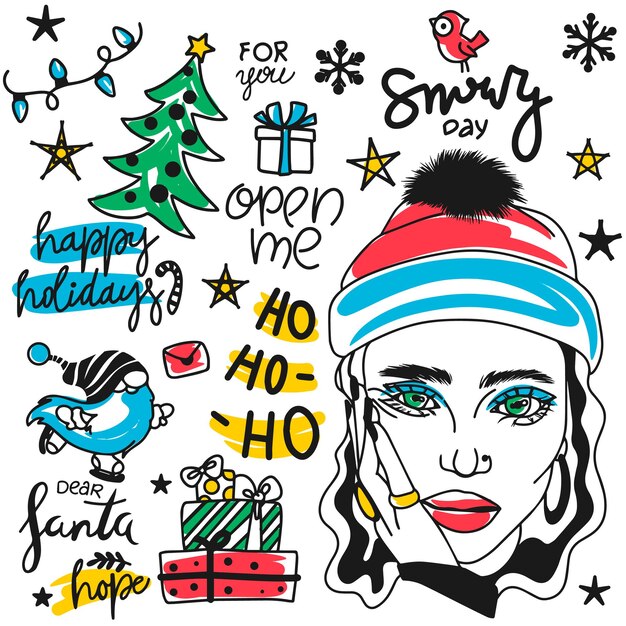 Festive doodle set sticker with beautiful girl and lettering holiday decorations