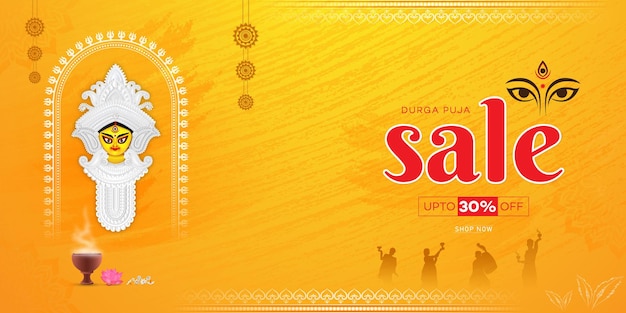 festive durga puja sale banner with goddess illustration