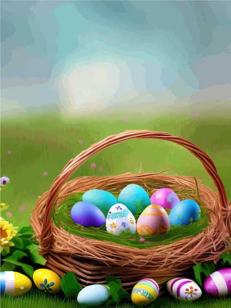 Festive easter postcard easter eggs in basket on colored background vector illustration realistic